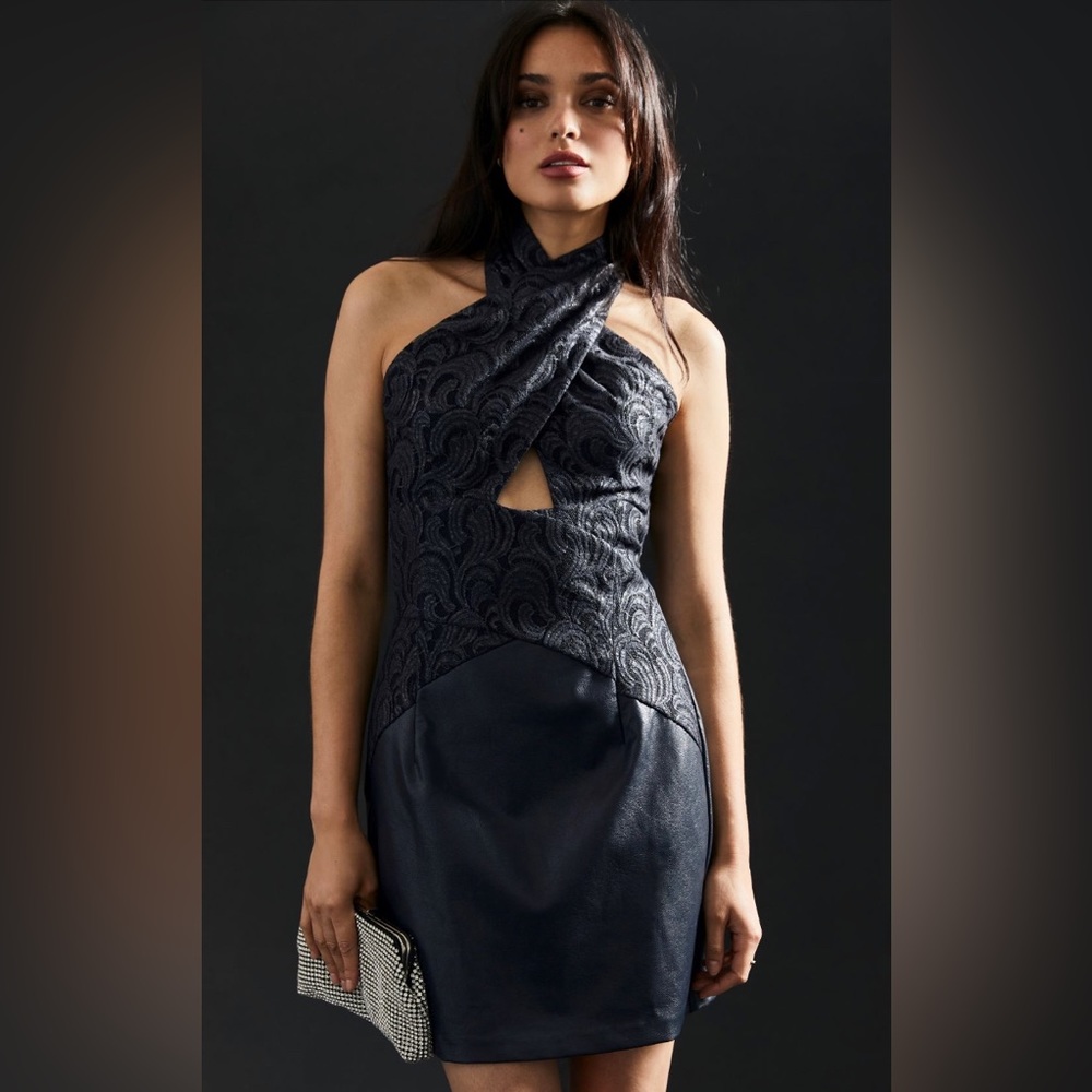 New Eva Franco Twofer Dress Faux Leather Halter Neck